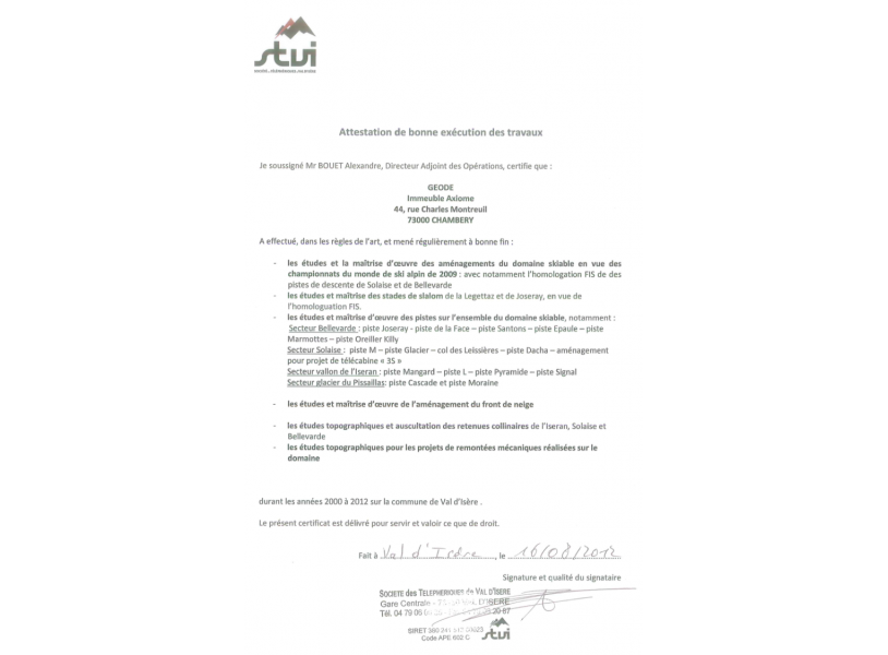 Attestation des prestations réalisées dans la station de Val d’Isère – Espace Killy