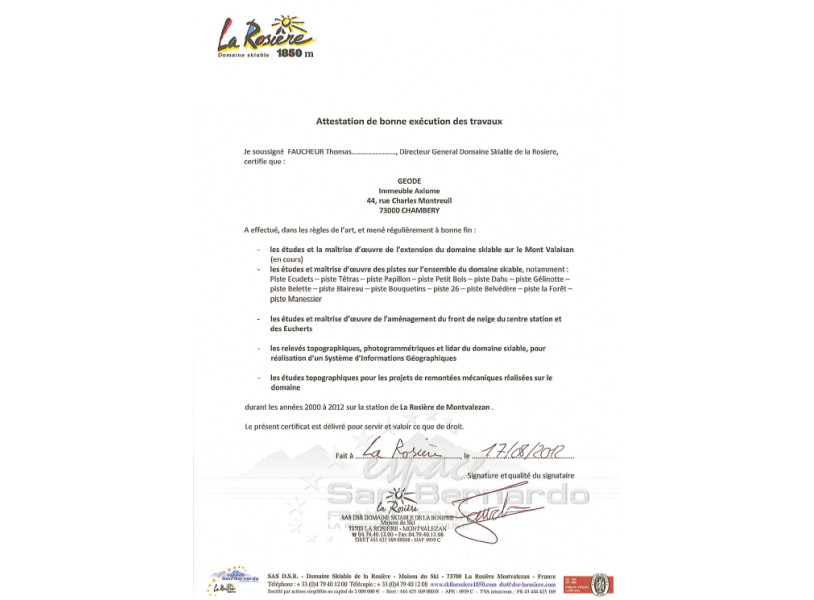 Attestation des prestations réalisées dans la station La Rosière – San Bernadino (Fra-Ita)